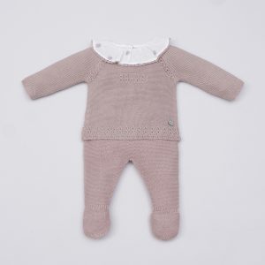 Pangasa, conjunto primera puesta "fresas" rosa vintage.