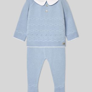 Paz Rodríguez, conjunto jubón y polaina "Vento" azul cielo.