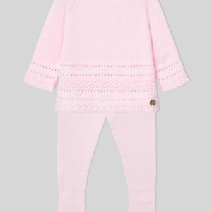 Paz Rodríguez, conjunto jubón y polaina "Regalo" rosa tiza y blanco.